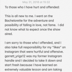 The Bachelorette's Finalist, Garrett Yrigoyen, Instagram apology