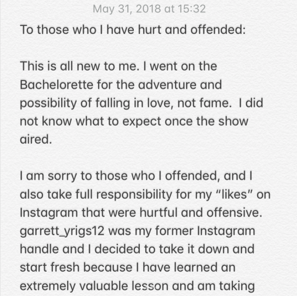 The Bachelorette's Finalist, Garrett Yrigoyen, Instagram apology 